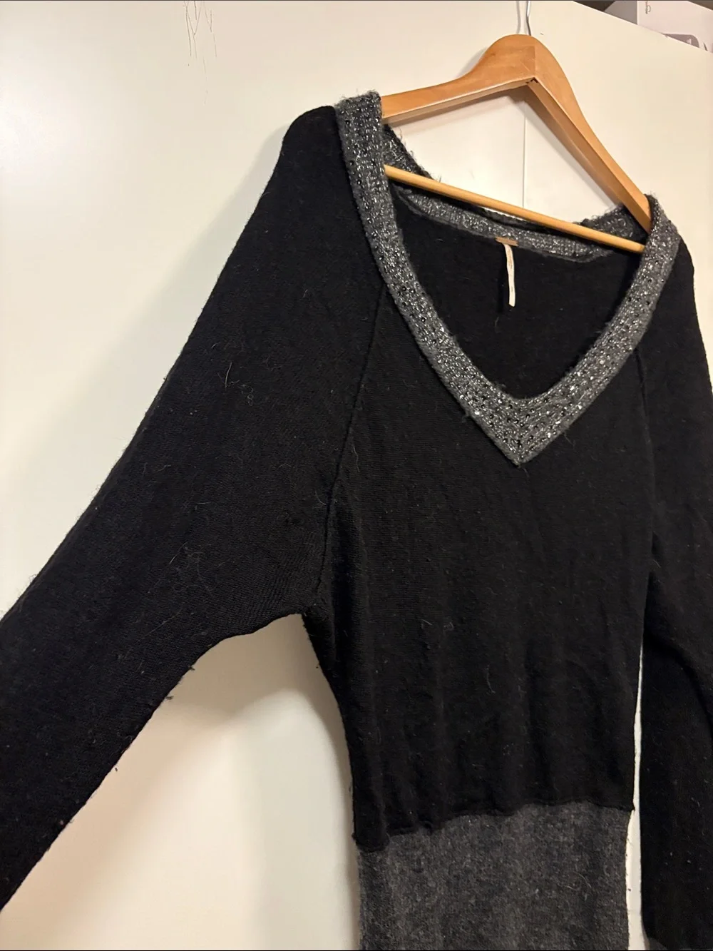 Free People Wool Black Sequin V-Neck Sweater featuring a deep V-neck S